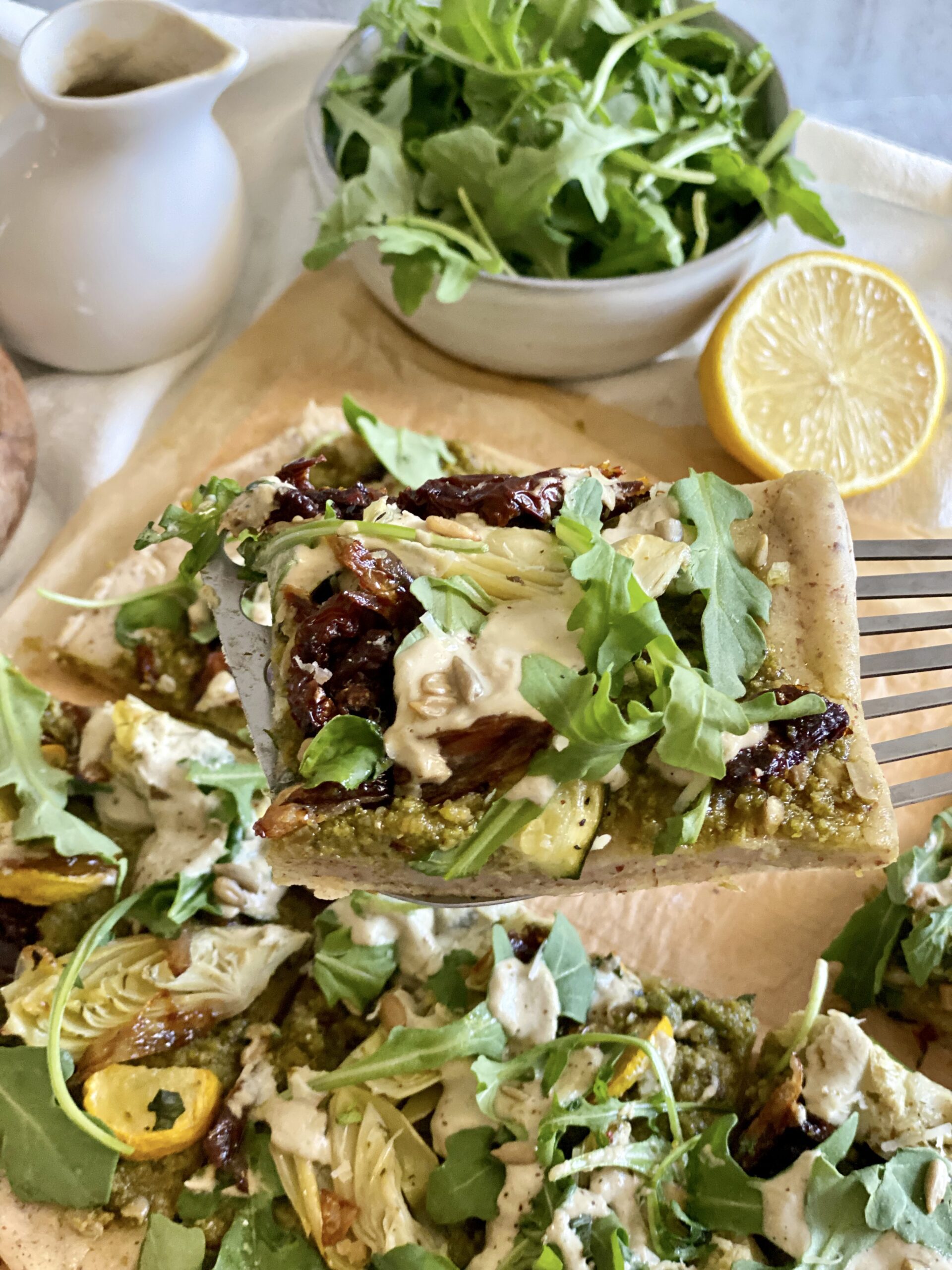 Pesto Flatbread with Sunflower Crema